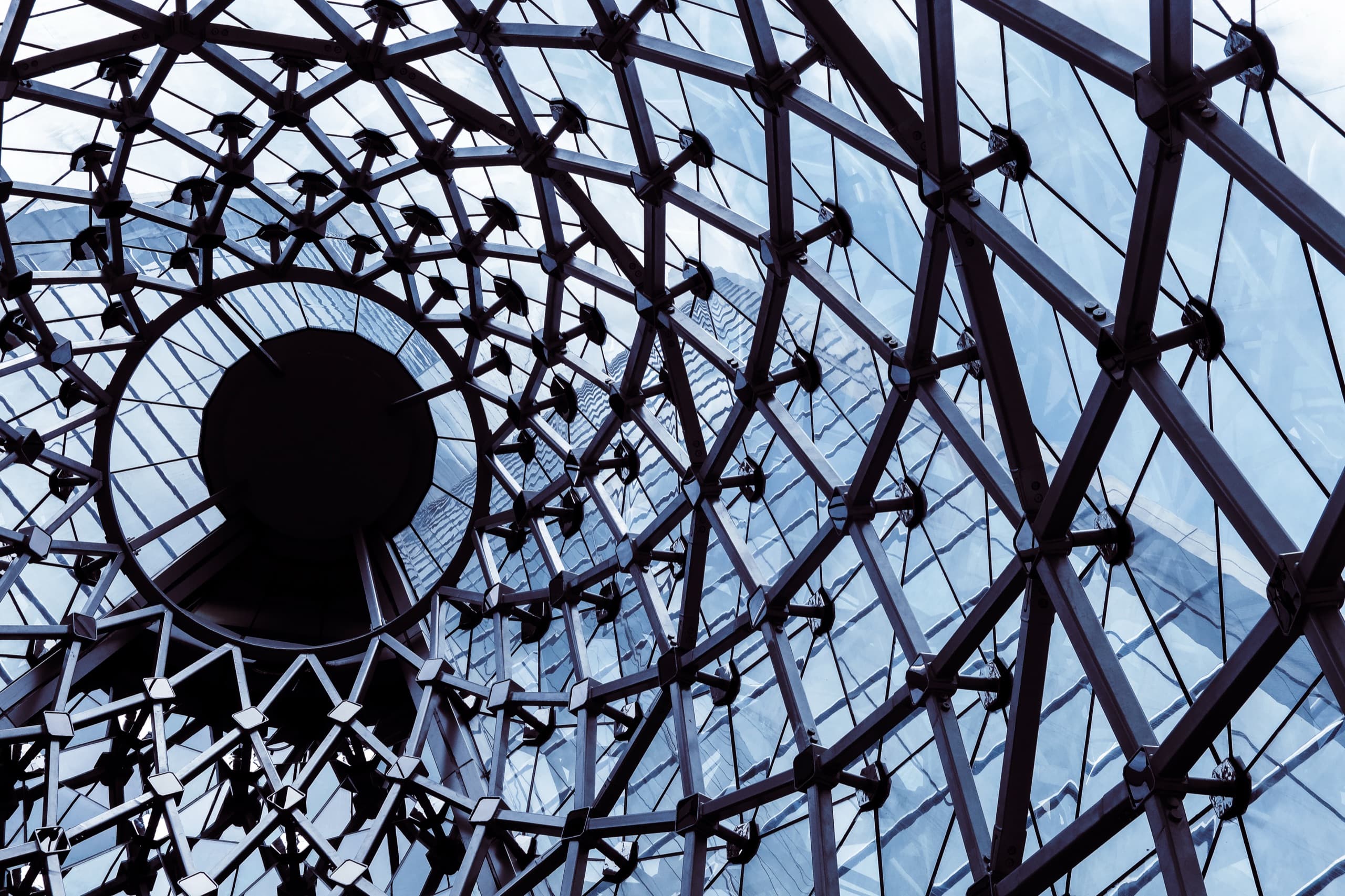 Architectural glass-and-steel lattice dome